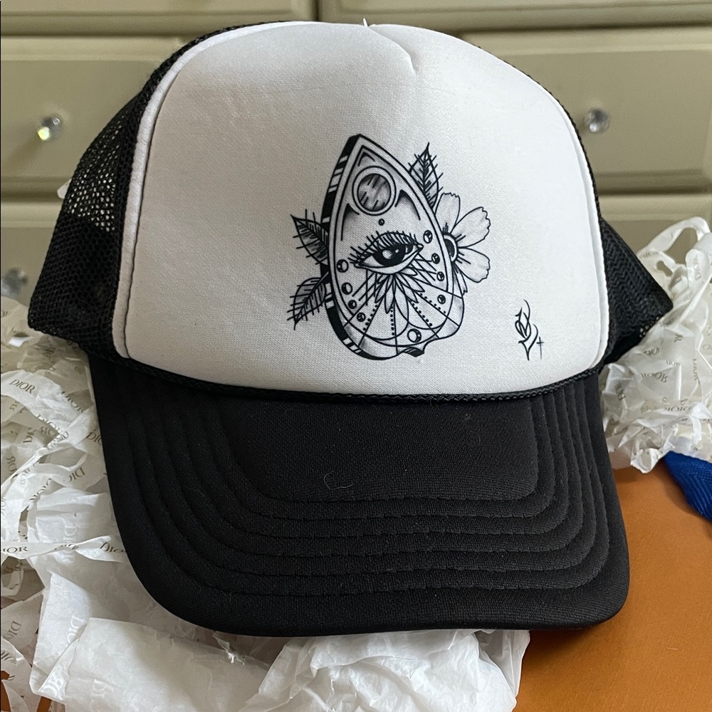 Black and White Trucker Hat with Eye Design